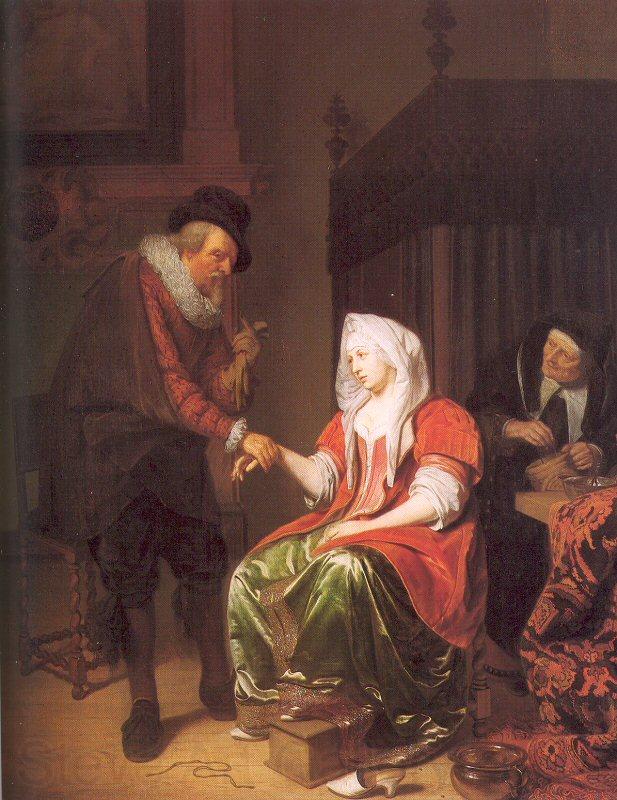Musscher, Michiel van Doctor Taking a Young Woman's Pulse Norge oil painting art